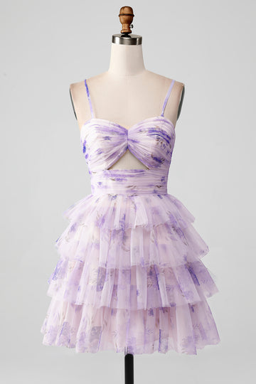 Flor De Lavanda Una Línea De Tirantes De Espagueti Escalonado Plisado Vestido Corto De Regreso A Casa